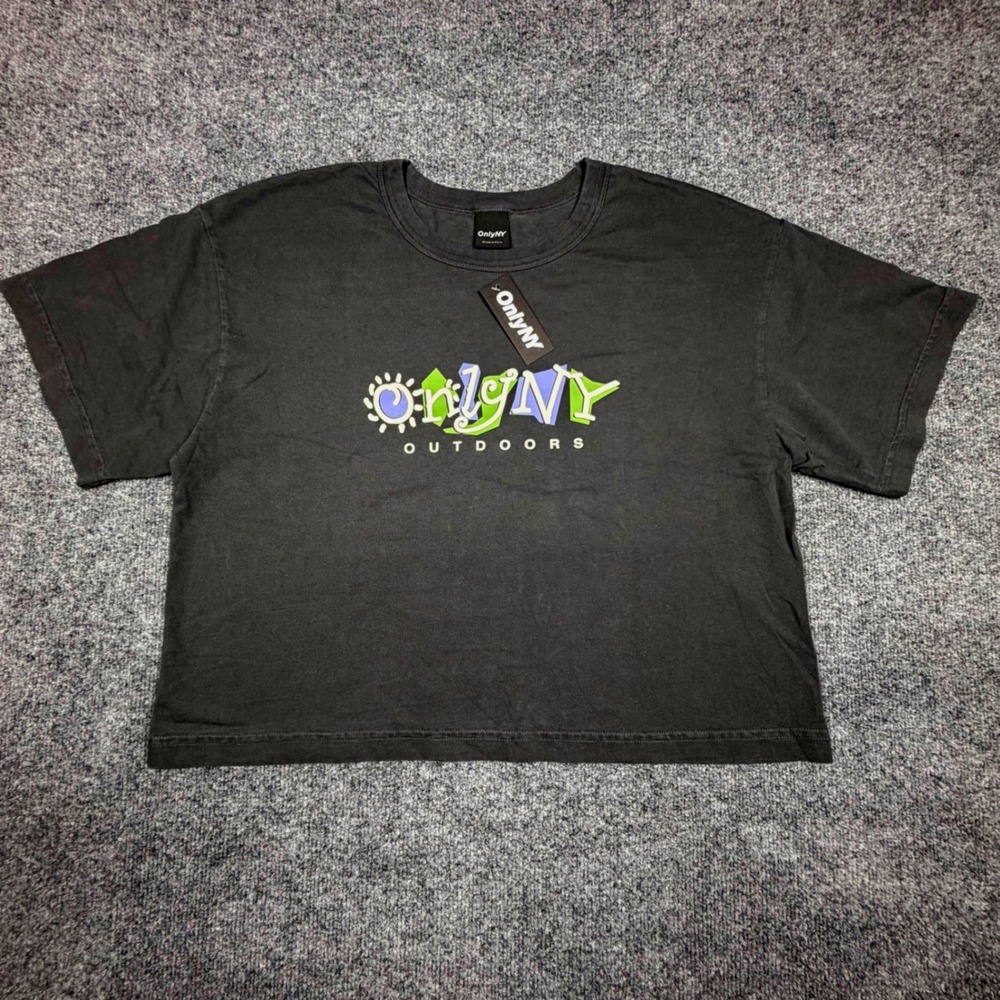Only‎ NY Outdoors Graphic T-Shirt Charcoal Black Boxy Cropped Cotton XL NWT
